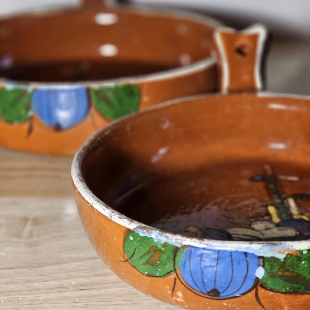 Pair of Tlaquepaque Mexican Redware Pottery Nesting Dishes: Hand-Painted Set